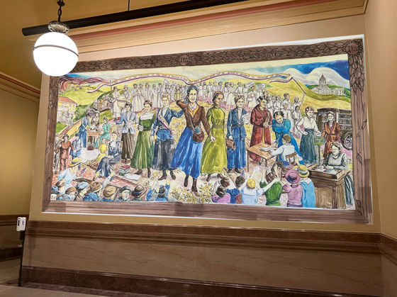 Mockup of Kansas Suffragist Mural installed in statehouse